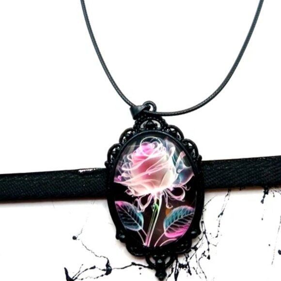 Gothic Cameo Choker Pink Rose Necklace with Chain New - Picture 9 of 10